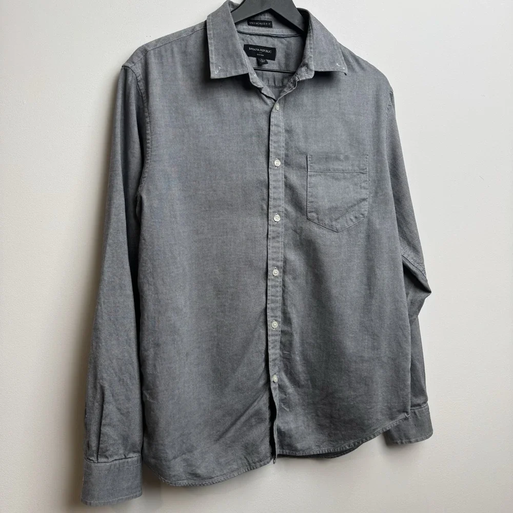 Banana Republic Gray L Oxford Dress Shirt Cotton Untucked Button-Up Preppy Men's